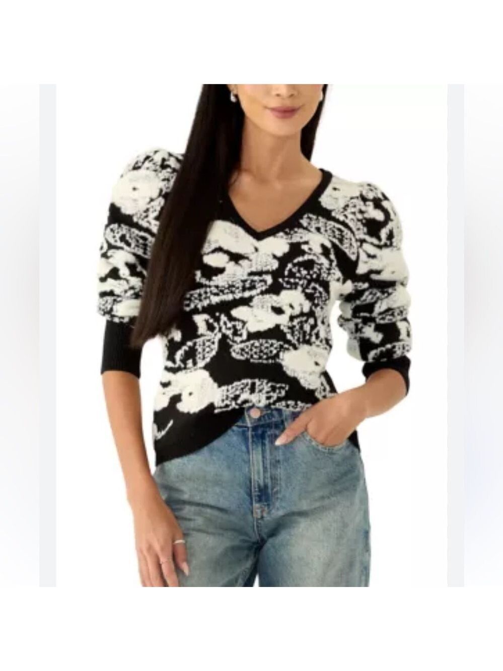 Jason Wu  Long Puff Sleeve Printed V-Neck Sweater  Sz Small